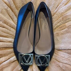 Valentino Mario Black Flats with gold Logo Detail